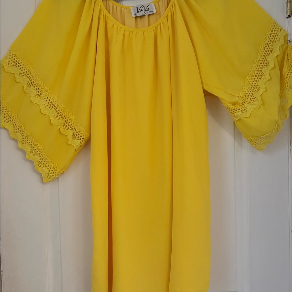 Vava by Joy Han Bright Yellow Mini Dress with Lace Trim Boho